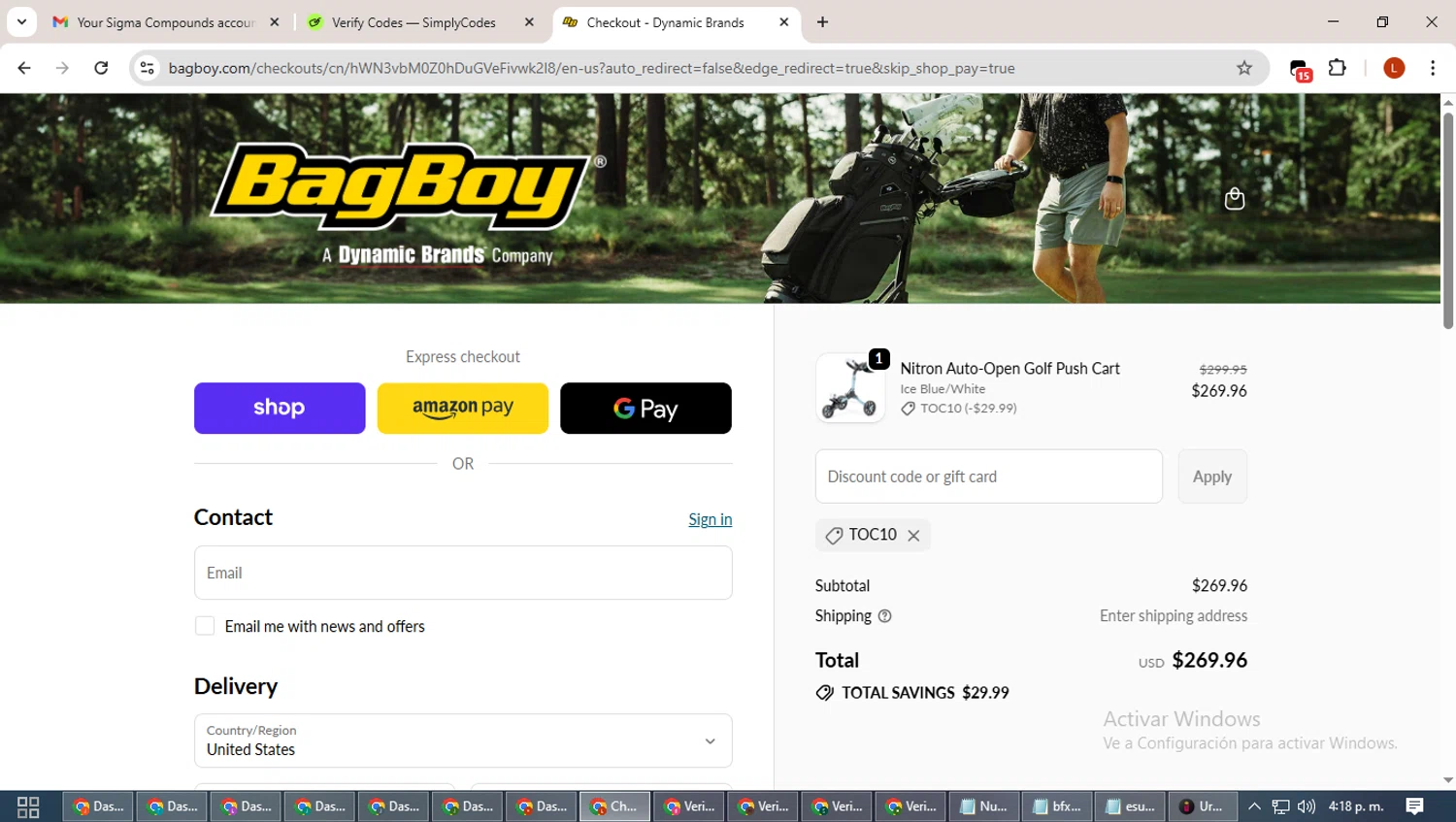 Dynamic Brands promo code screenshot showing code TOC10 applied at Dynamic Brands checkout page. Uploaded by SimplyCodes community member BonusHero9692 on Oct 9, 2025