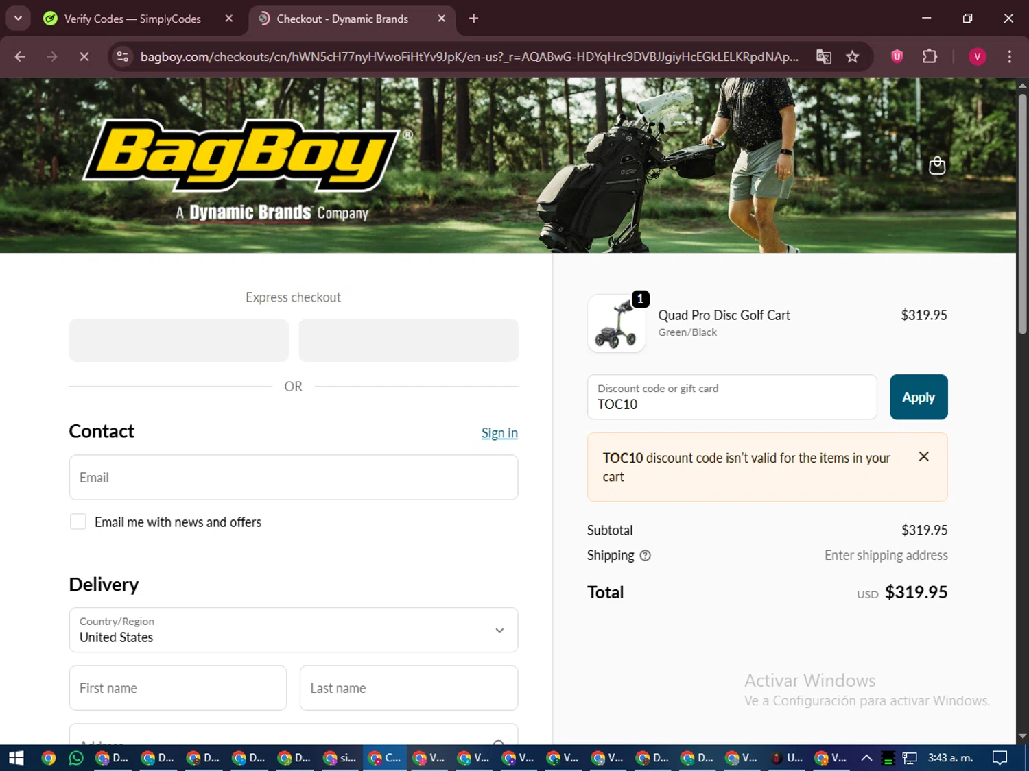 Dynamic Brands promo code screenshot showing code TOC10 applied at Dynamic Brands checkout page. Uploaded by SimplyCodes community member ShieldEagle6102 on Nov 23, 2025