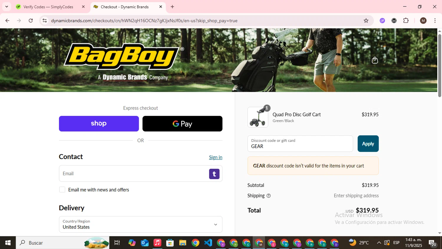 Dynamic Brands promo code screenshot showing code GEAR applied at Dynamic Brands checkout page. Uploaded by SimplyCodes community member WonderWizard9060 on Sep 11, 2025