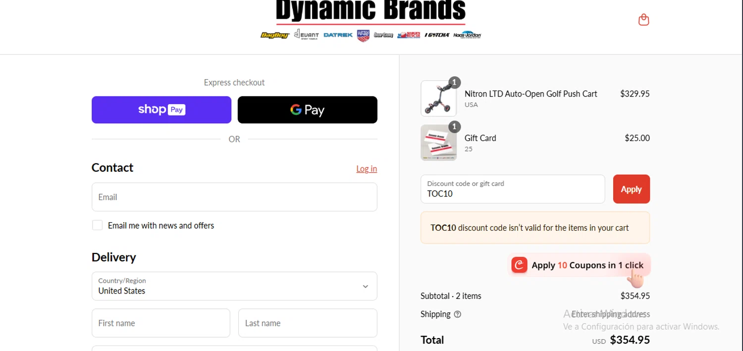 Dynamic Brands promo code screenshot showing code TOC10 applied at Dynamic Brands checkout page. Uploaded by SimplyCodes community member GoldSeeker7901 on Jul 27, 2025