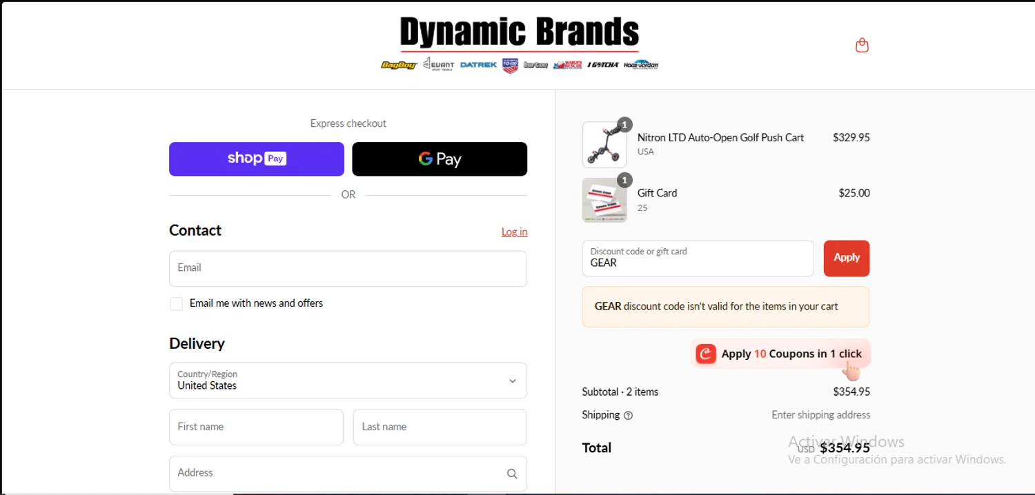 Dynamic Brands promo code screenshot showing code GEAR applied at Dynamic Brands checkout page. Uploaded by SimplyCodes community member RewardLynx9164 on Jul 29, 2025