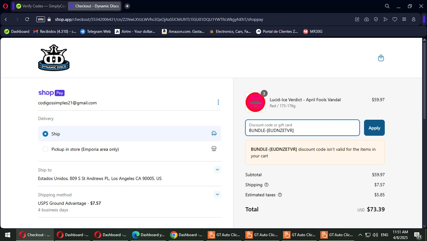 Dynamic Discs discount code screenshot showing code BUNDLE-[EUDNZETVR] applied at Dynamic Discs checkout page. Uploaded by SimplyCodes community member PokeGOAT on Apr 8, 2025