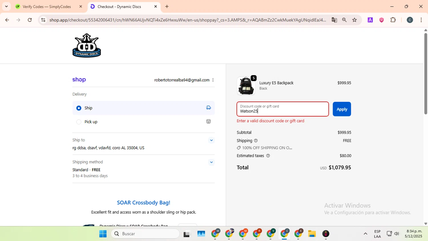 Dynamic Discs discount code screenshot showing code Watson25 applied at Dynamic Discs checkout page. Uploaded by SimplyCodes community member benjamnlev on Dec 6, 2025