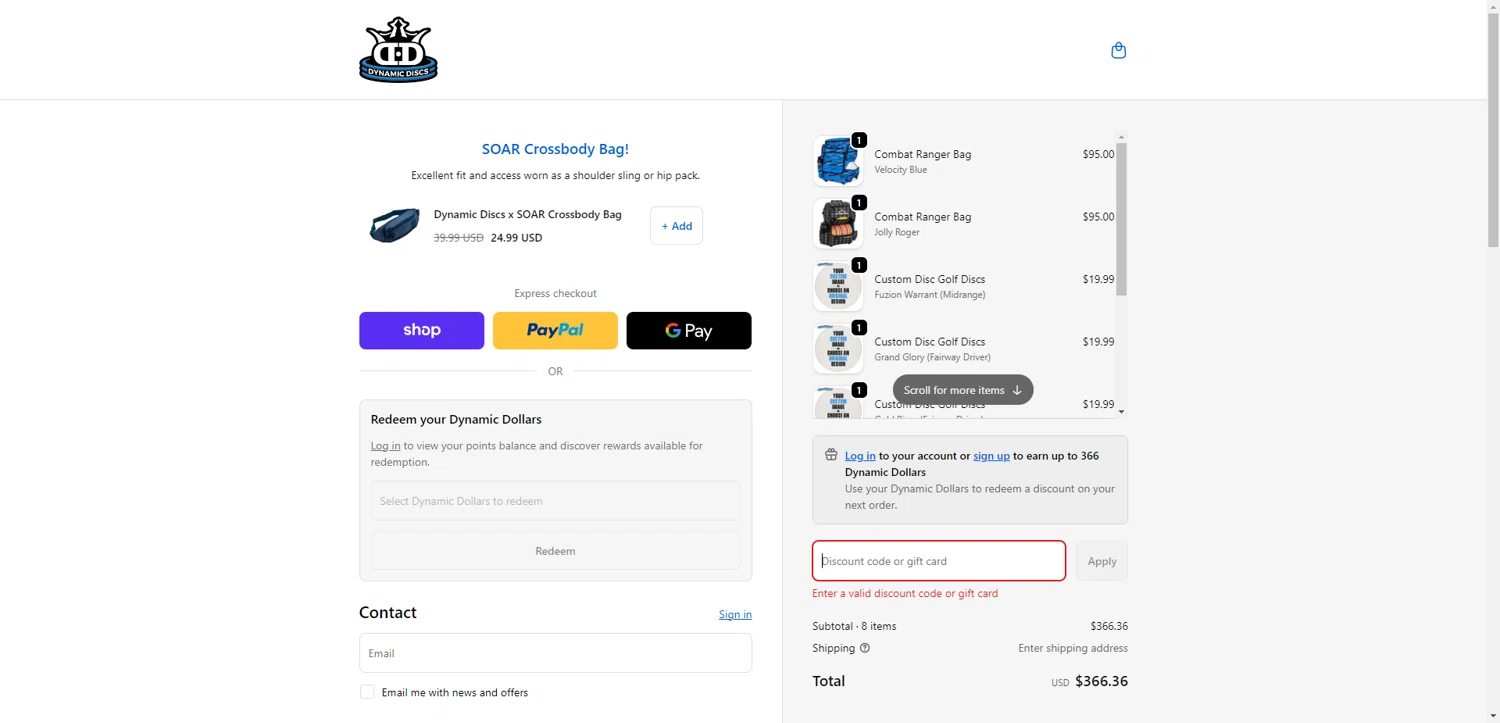 Dynamic Discs discount code screenshot showing code ANSELMO25 applied at Dynamic Discs checkout page. Uploaded by SimplyCodes community member DiscountWarden480 on Dec 5, 2025