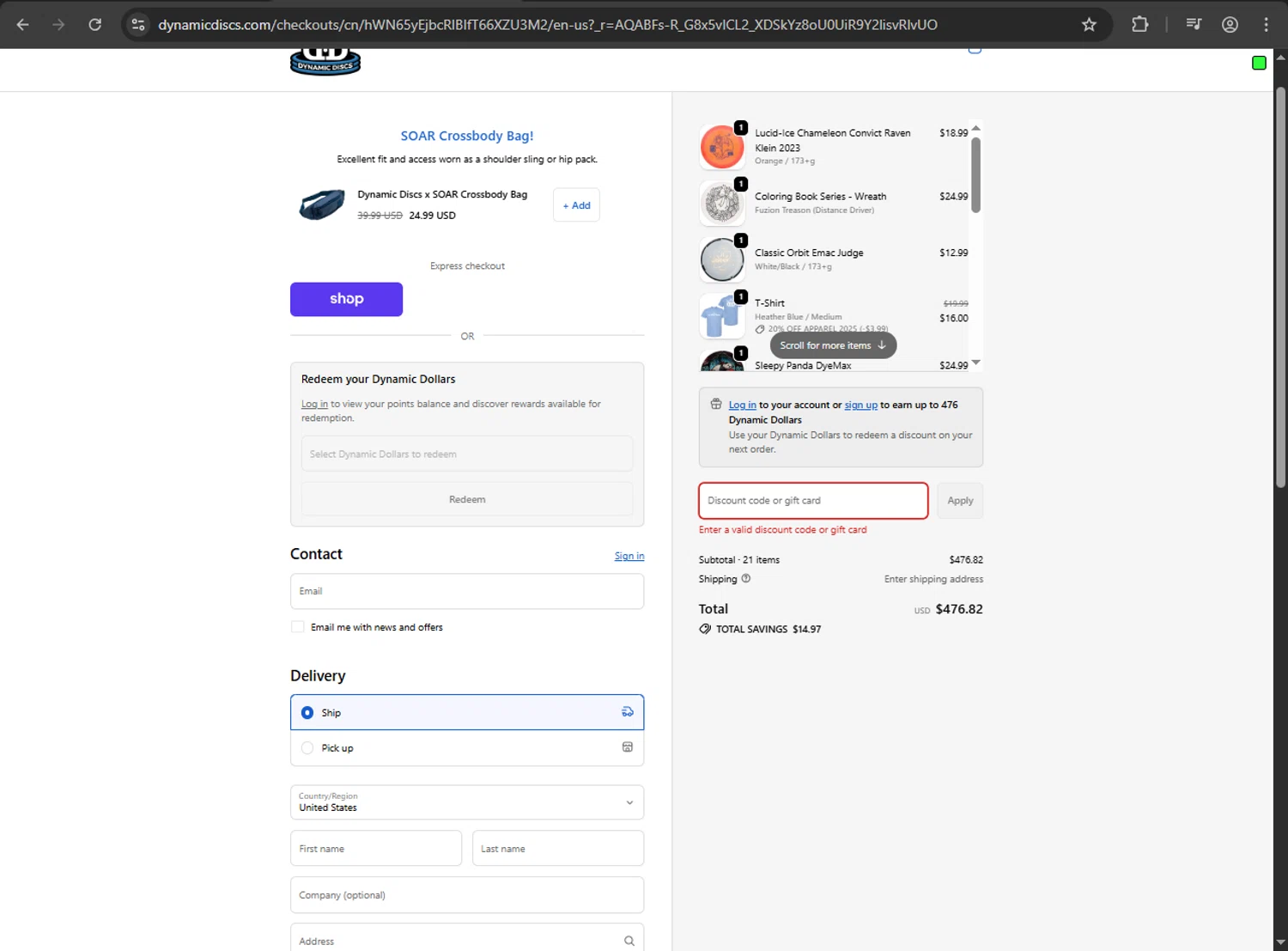 Dynamic Discs discount code screenshot showing code ANSELMO25 applied at Dynamic Discs checkout page. Uploaded by SimplyCodes community member MAHORAGA on Dec 5, 2025