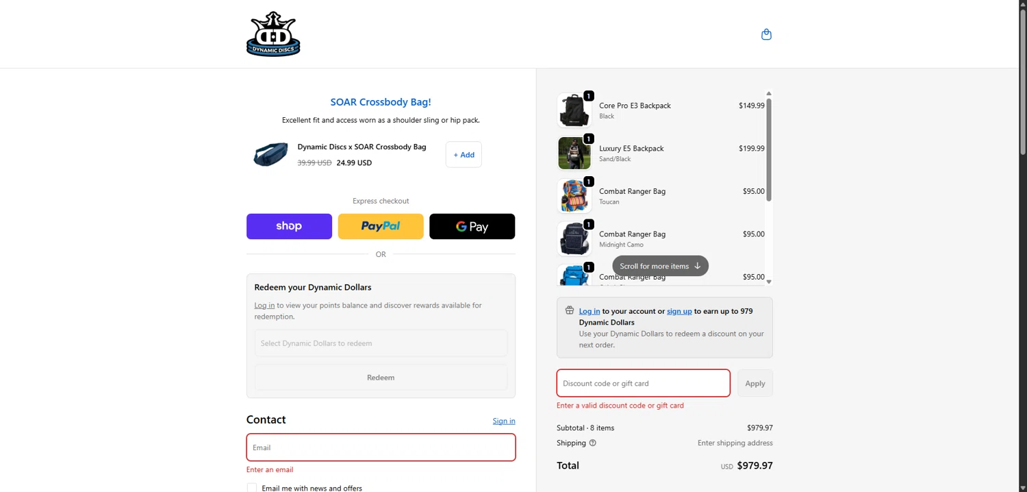 Dynamic Discs discount code screenshot showing code ANSELMO25 applied at Dynamic Discs checkout page. Uploaded by SimplyCodes community member ShieldMaverick9079 on Dec 5, 2025
