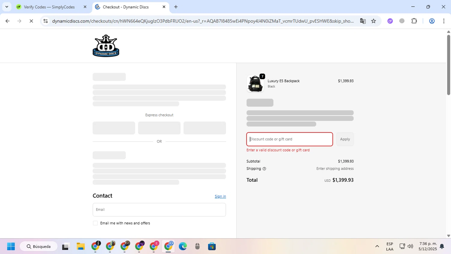 Dynamic Discs discount code screenshot showing code Leaman25 applied at Dynamic Discs checkout page. Uploaded by SimplyCodes community member greulis on Dec 5, 2025