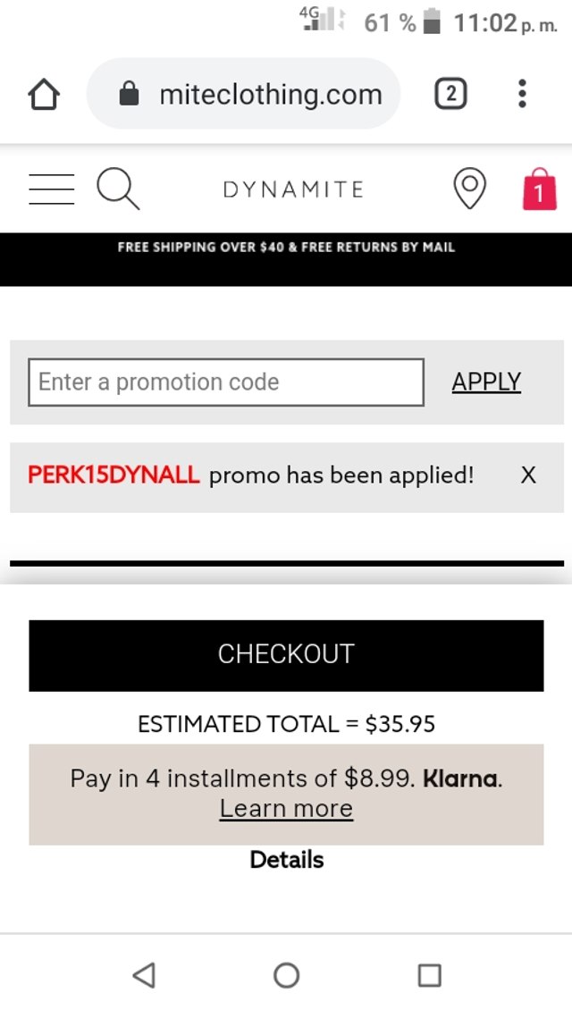 Dynamite Clothing CA checkout page showing Dynamite Clothing CA promo code box | Screenshot taken by SimplyCodes community member on Jul 11, 2020