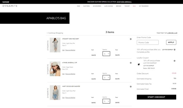 Dynamite Clothing CA checkout page showing Dynamite Clothing CA promo code box | Screenshot taken by SimplyCodes community member on Mar 25, 2021