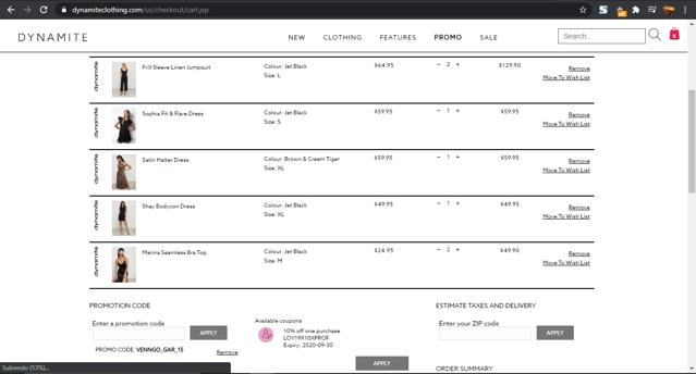 Dynamite Clothing CA checkout page showing Dynamite Clothing CA promo code box | Screenshot taken by SimplyCodes community member on Jul 1, 2020