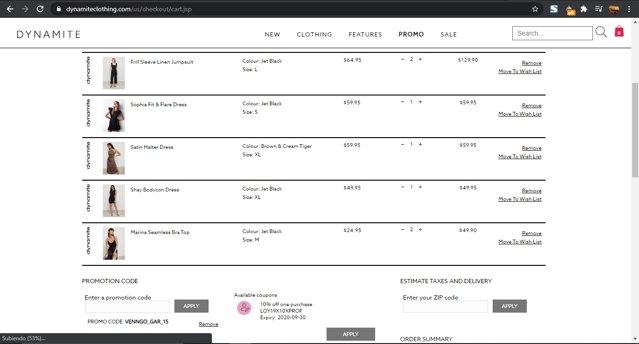 Dynamite Clothing CA checkout page showing Dynamite Clothing CA promo code box | Screenshot taken by SimplyCodes community member on Jul 1, 2020