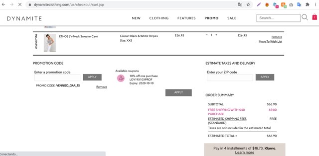Dynamite Clothing CA checkout page showing Dynamite Clothing CA promo code box | Screenshot taken by SimplyCodes community member on Jul 11, 2020