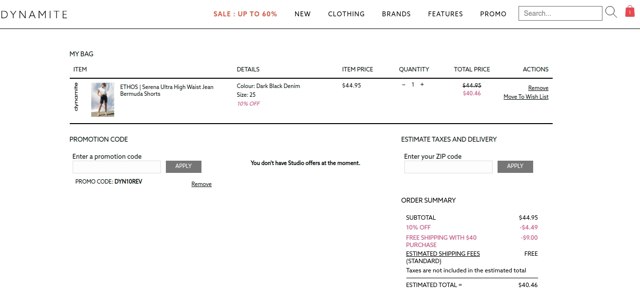 Dynamite Clothing CA checkout page showing Dynamite Clothing CA promo code box | Screenshot taken by SimplyCodes community member on Jul 28, 2020