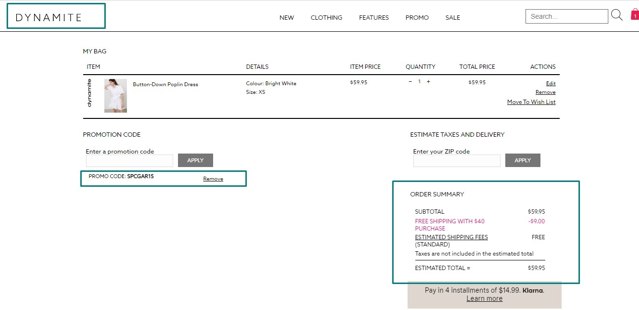 Dynamite Clothing CA checkout page showing Dynamite Clothing CA promo code box | Screenshot taken by SimplyCodes community member on Jul 11, 2020