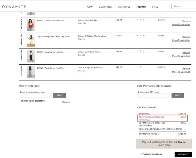 Dynamite Clothing CA checkout page showing Dynamite Clothing CA promo code box | Screenshot taken by SimplyCodes community member on Jul 11, 2020