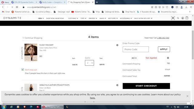 Dynamite Clothing CA checkout page showing Dynamite Clothing CA promo code box | Screenshot taken by SimplyCodes community member on Aug 16, 2022