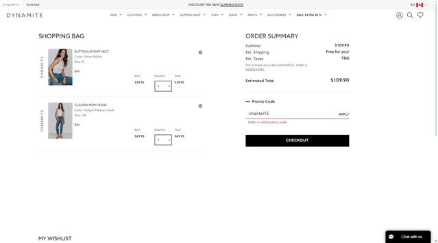 Dynamite Clothing CA checkout page showing Dynamite Clothing CA promo code box | Screenshot taken by SimplyCodes community member on May 14, 2024
