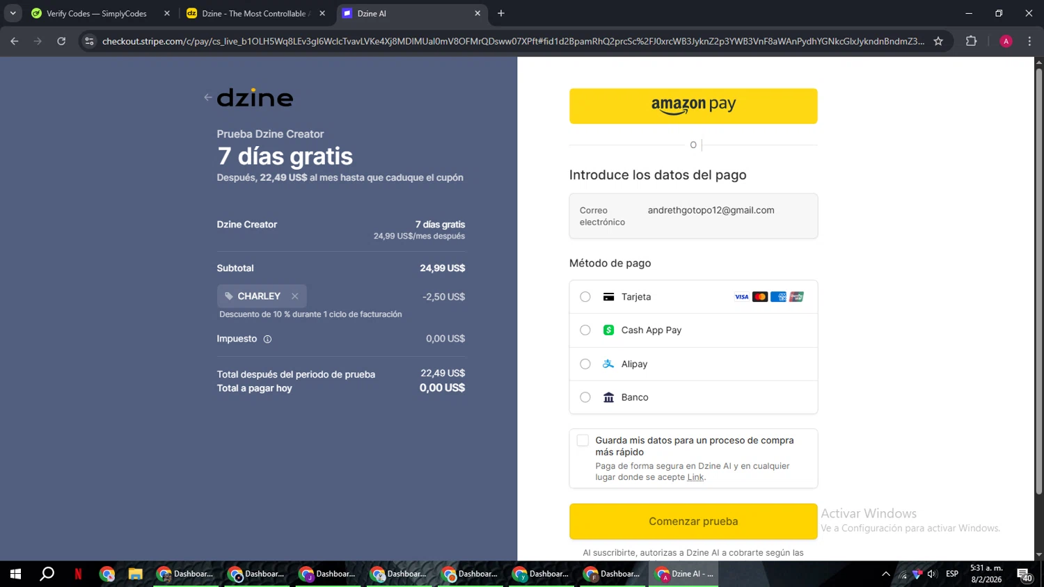 Dzine AI promo code screenshot showing code CHARLEY applied at Dzine AI checkout page. Uploaded by SimplyCodes community member BMWGS1200 on Feb 8, 2026