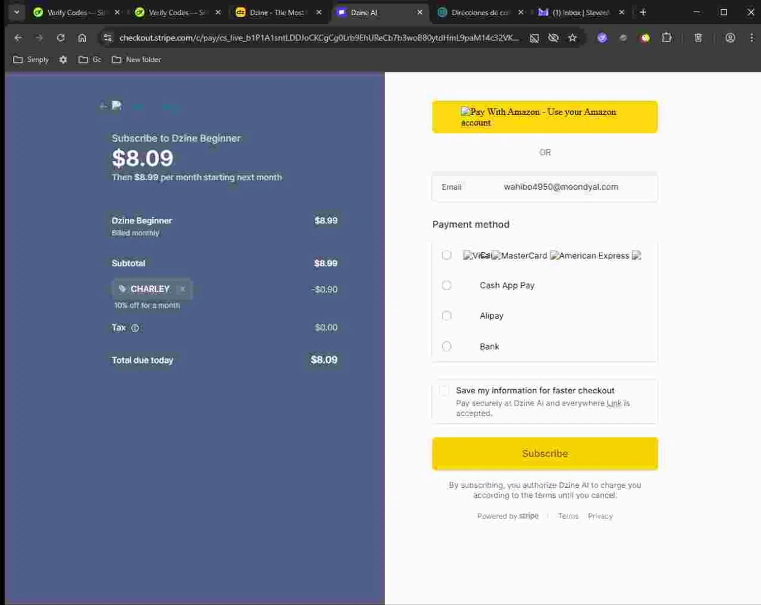 Dzine AI promo code screenshot showing code CHARLEY applied at Dzine AI checkout page. Uploaded by SimplyCodes community member Deadpool on Nov 24, 2025