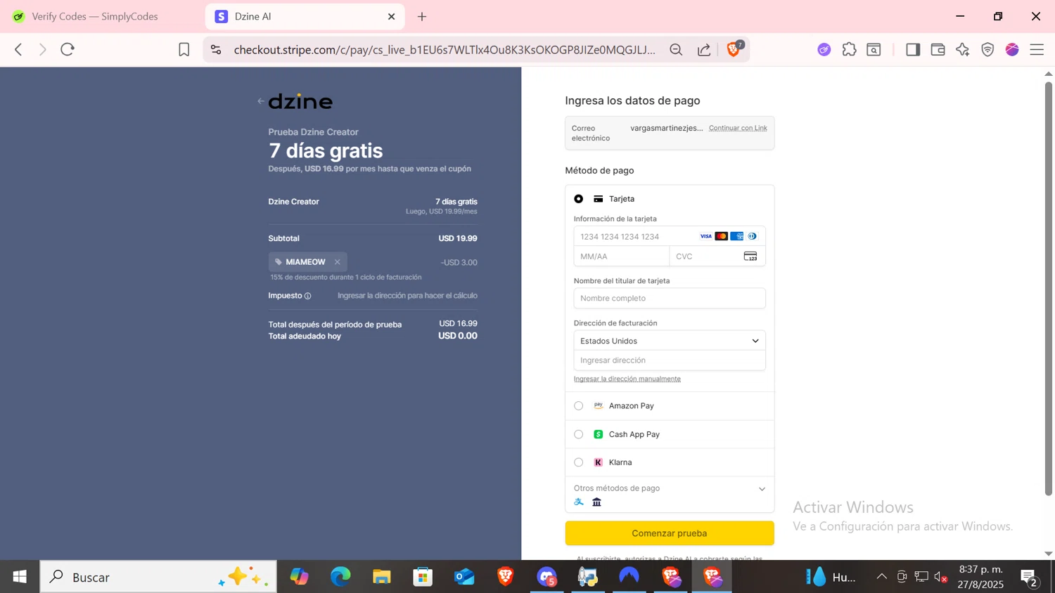 Dzine AI promo code screenshot showing code MIAMEOW applied at Dzine AI checkout page. Uploaded by SimplyCodes community member CODMOBILE2 on Aug 28, 2025