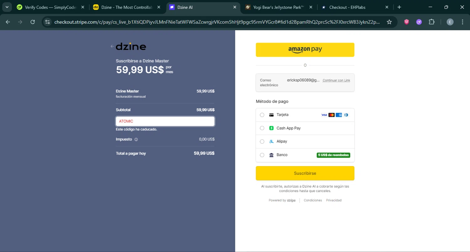 Dzine AI promo code screenshot showing code ATOMIC applied at Dzine AI checkout page. Uploaded by SimplyCodes community member ExtraordinaryMonarch4598 on Dec 4, 2025