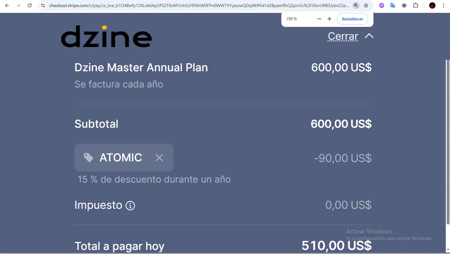 Dzine AI promo code screenshot showing code ATOMIC applied at Dzine AI checkout page. Uploaded by SimplyCodes community member Francisco01 on Nov 5, 2025