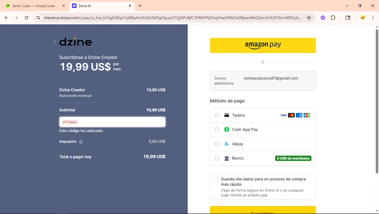 Dzine AI promo code screenshot showing code ATOMIC applied at Dzine AI checkout page. Uploaded by SimplyCodes community member Ranita_de_agua on Dec 4, 2025