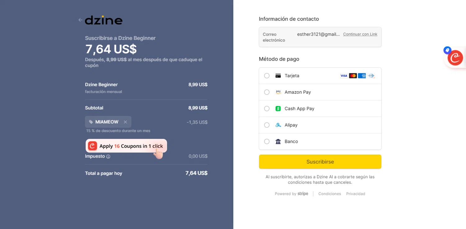 Dzine AI promo code screenshot showing code MIAMEOW applied at Dzine AI checkout page. Uploaded by SimplyCodes community member ESTHER3121 on Aug 28, 2025