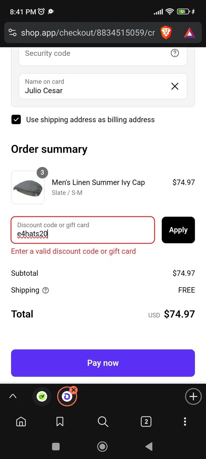 E4hats promo code screenshot showing code e4hats20 applied at E4hats checkout page. Uploaded by SimplyCodes community member BargainPioneer8286 on Jun 16, 2025