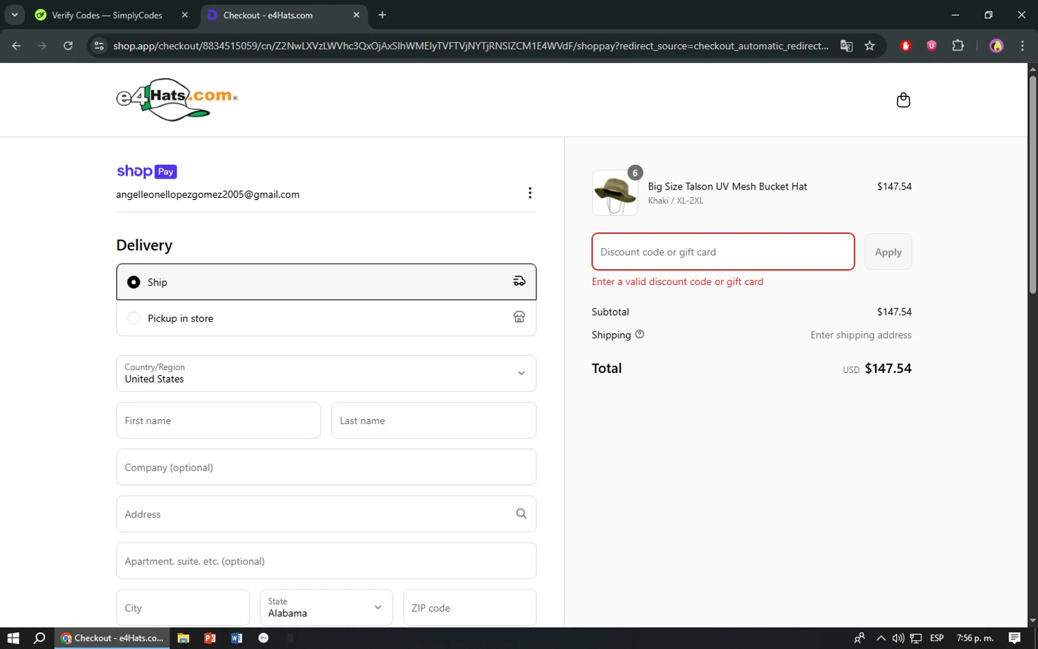 E4hats promo code screenshot showing code e4hats20 applied at E4hats checkout page. Uploaded by SimplyCodes community member TreasureShopper9156 on Jun 15, 2025