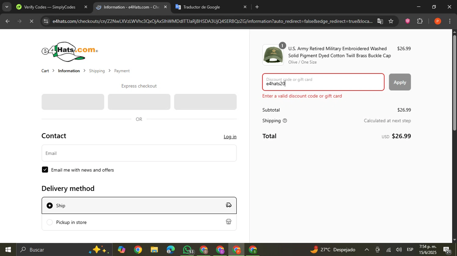 E4hats promo code screenshot showing code e4hats20 applied at E4hats checkout page. Uploaded by SimplyCodes community member VictoriousCaptain2658 on Jun 15, 2025