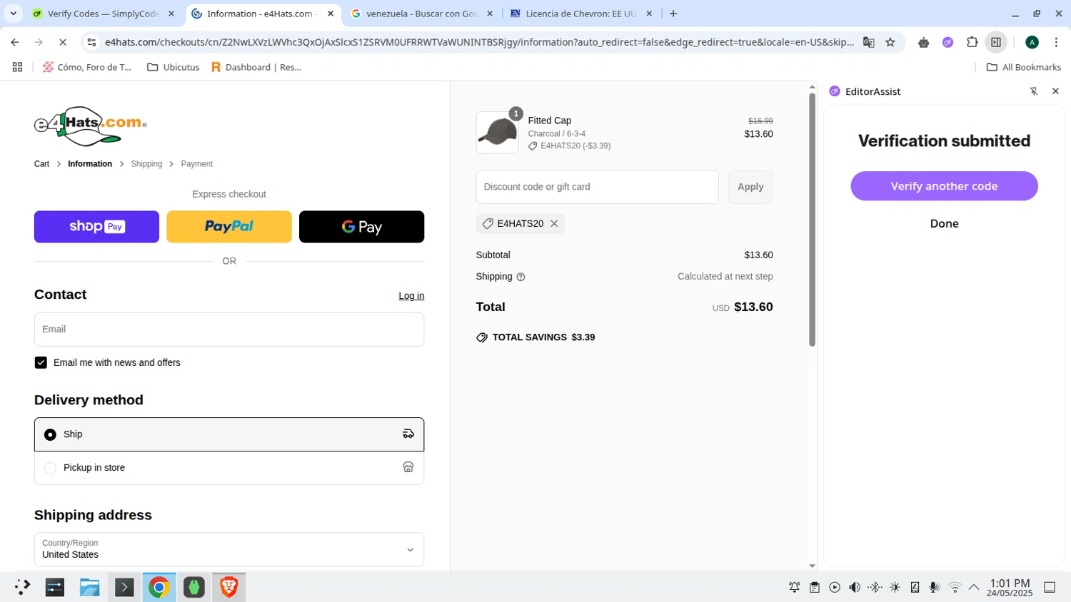 E4hats promo code screenshot showing code e4hats20 applied at E4hats checkout page. Uploaded by SimplyCodes community member admeneses on May 24, 2025