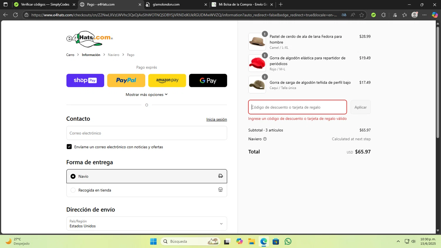 E4hats promo code screenshot showing code e4hats20 applied at E4hats checkout page. Uploaded by SimplyCodes community member mathiasmadonadogoiti on Jun 16, 2025