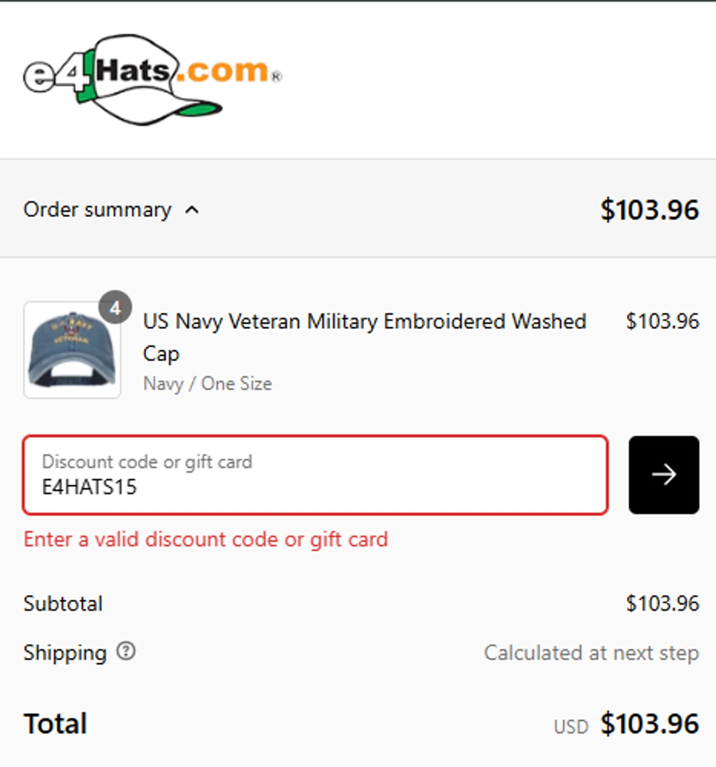 E4hats promo code screenshot showing code E4HATS15 applied at E4hats checkout page. Uploaded by SimplyCodes community member MariaRoma on Feb 25, 2025