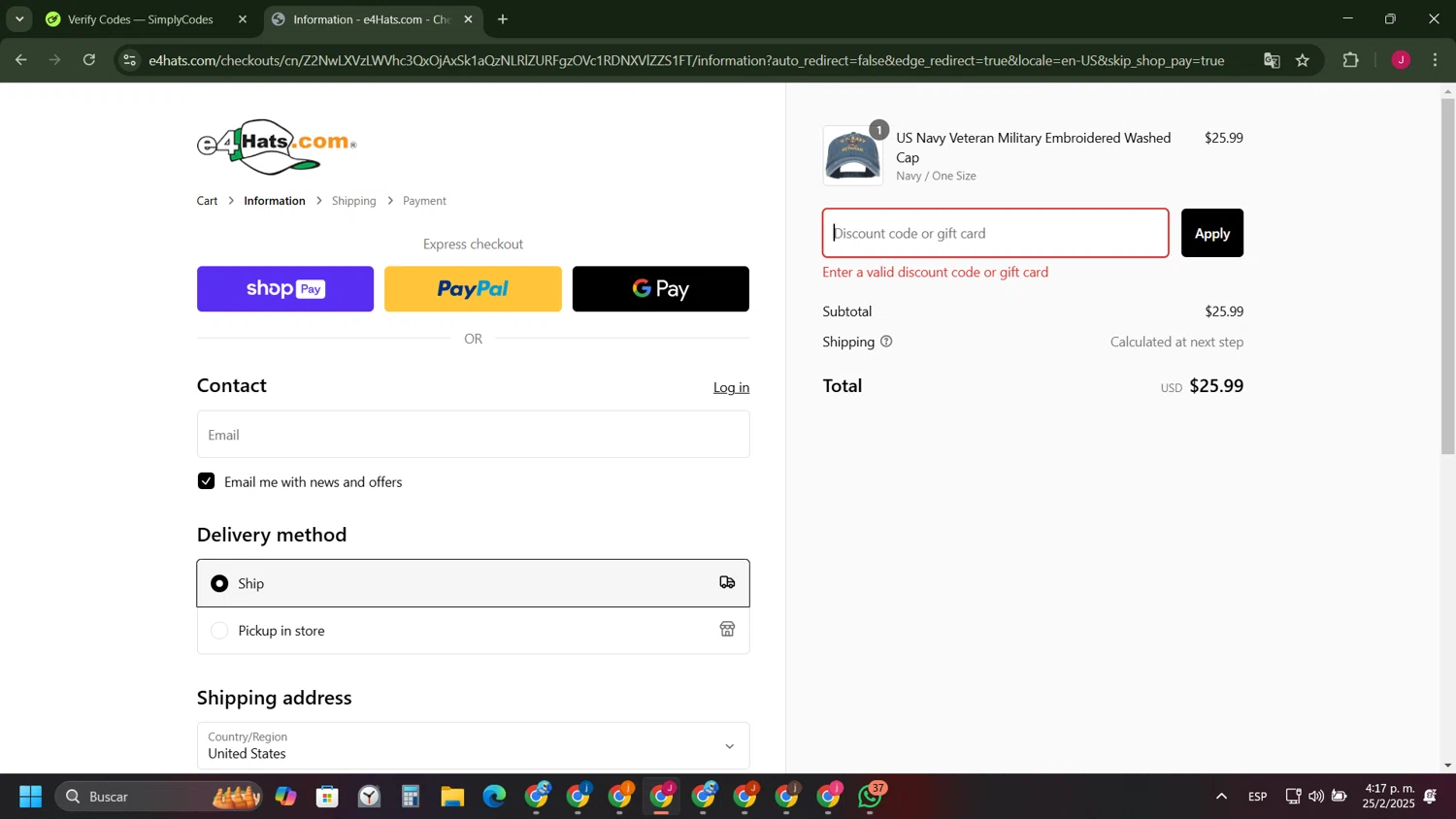 E4hats promo code screenshot showing code E4HATS15 applied at E4hats checkout page. Uploaded by SimplyCodes community member FrugalFinder745 on Feb 25, 2025