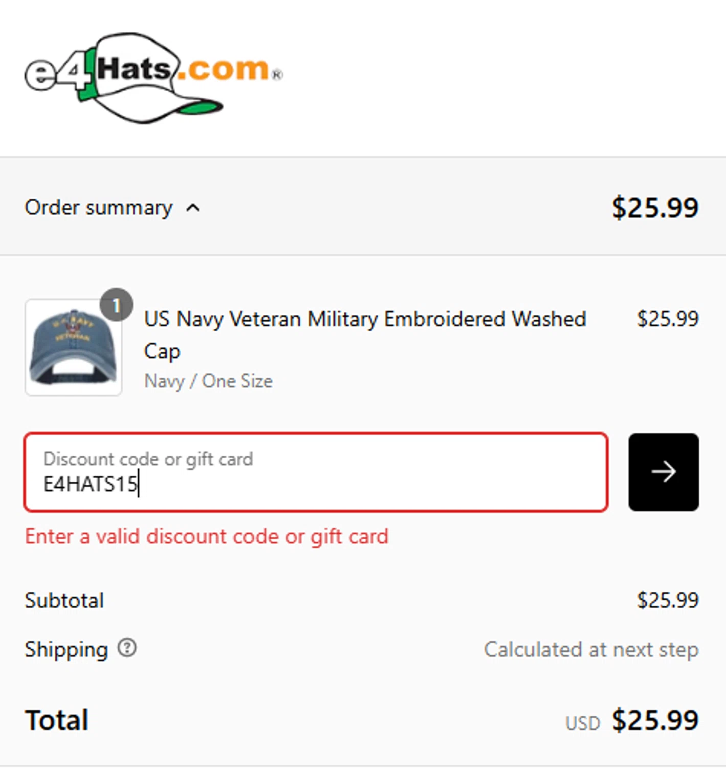 E4hats promo code screenshot showing code E4HATS15 applied at E4hats checkout page. Uploaded by SimplyCodes community member mariroma on Feb 25, 2025