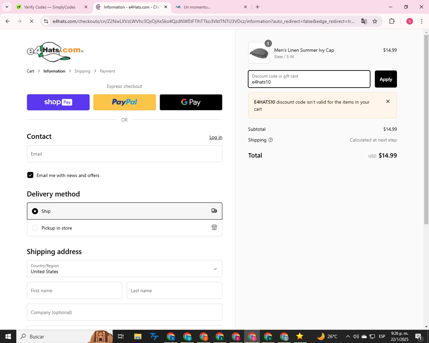 E4hats promo code screenshot showing code e4hats10 applied at E4hats checkout page. Uploaded by SimplyCodes community member QuestHunter6203 on Jan 23, 2025