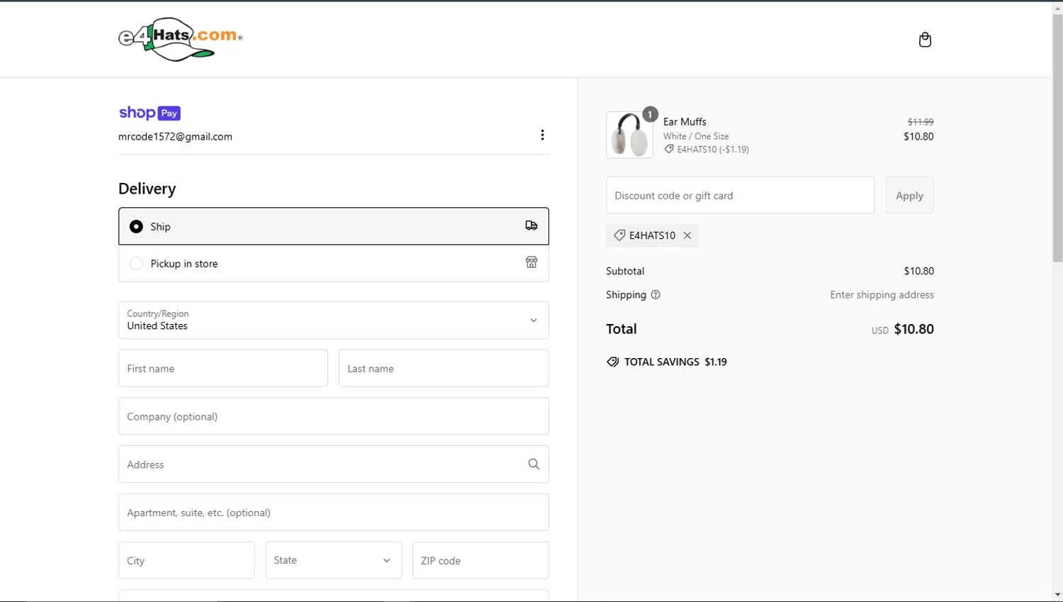 E4hats promo code screenshot showing code e4hats10 applied at E4hats checkout page. Uploaded by SimplyCodes community member TokioMiller on Feb 10, 2025