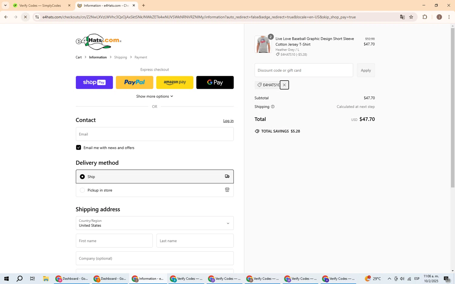 E4hats promo code screenshot showing code e4hats10 applied at E4hats checkout page. Uploaded by SimplyCodes community member GoldChaser6000 on Feb 10, 2025
