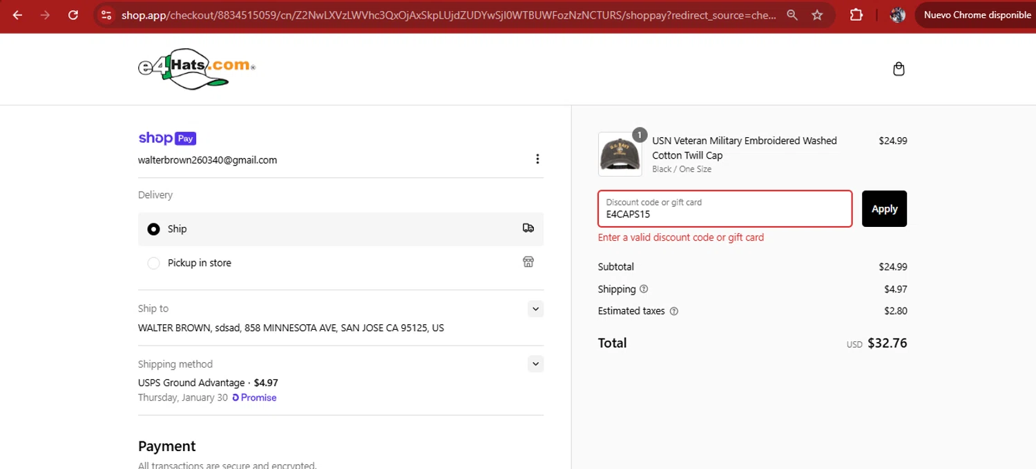 E4hats promo code screenshot showing code E4CAPS15 applied at E4hats checkout page. Uploaded by SimplyCodes community member kimberlinmartinez on Jan 27, 2025