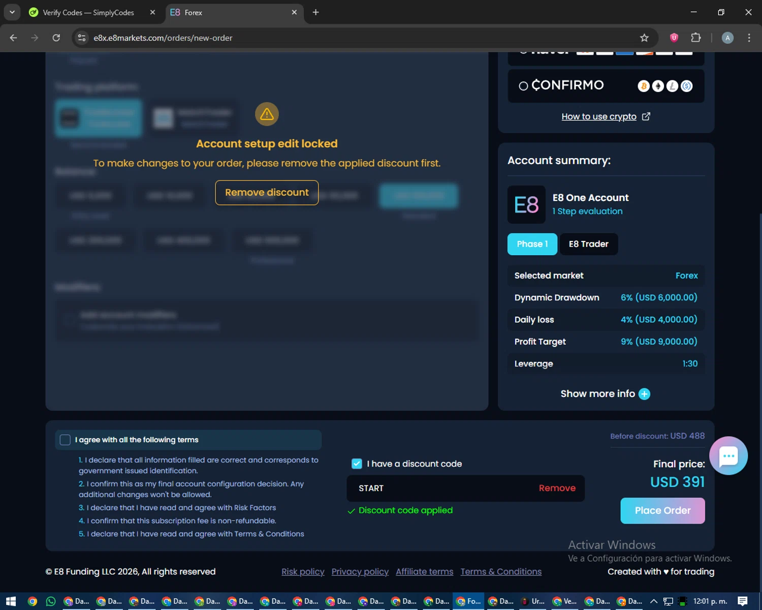 E8 Markets checkout page showing E8 Markets discount code box | Screenshot taken by SimplyCodes community member on Jan 20, 2026