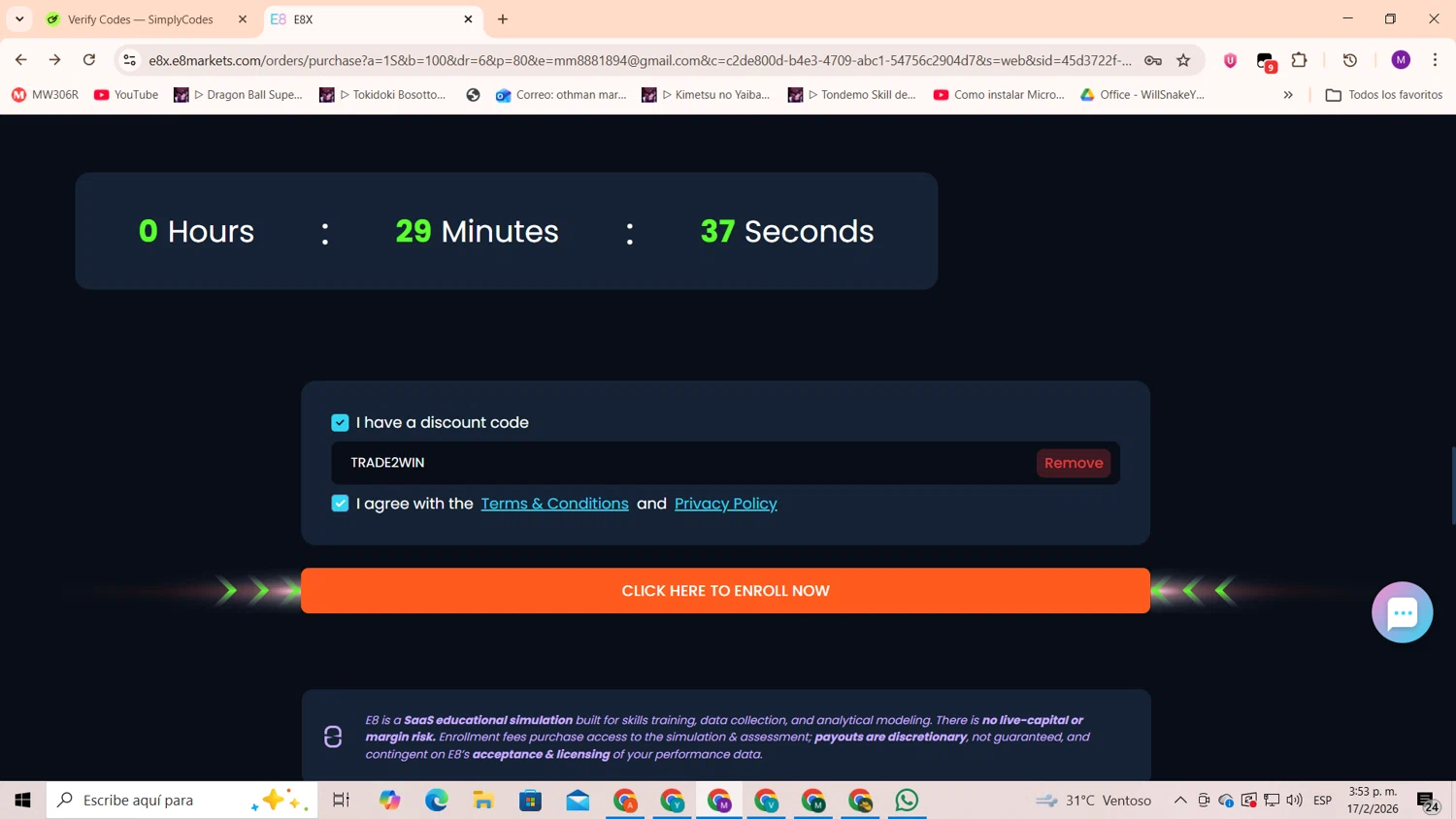 E8 Markets checkout page showing E8 Markets discount code box | Screenshot taken by SimplyCodes community member on Feb 17, 2026