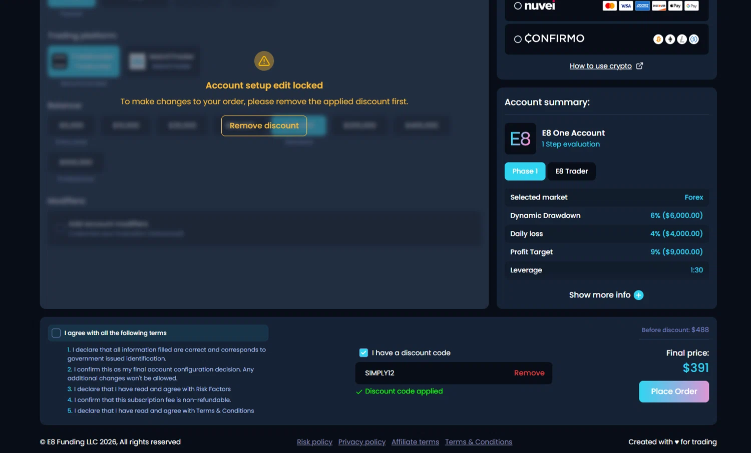 E8 Markets discount code screenshot showing code SIMPLY12 applied at E8 Markets checkout page. Uploaded by SimplyCodes community member jade5416625024720 on Jan 23, 2026