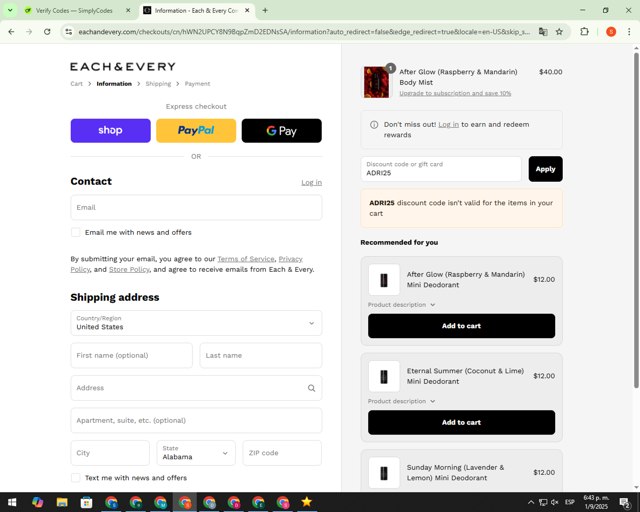 Each & Every checkout page showing Each & Every promo code box | Screenshot taken by SimplyCodes community member on Sep 1, 2025