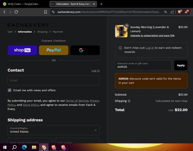 Each & Every checkout page showing Each & Every promo code box | Screenshot taken by SimplyCodes community member on Aug 2, 2025