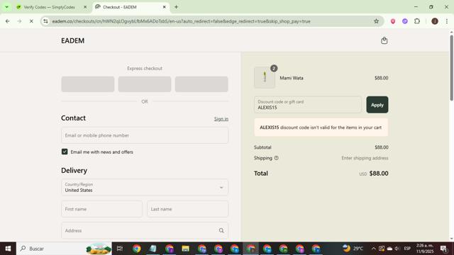 Eadem checkout page showing Eadem discount code box | Screenshot taken by SimplyCodes community member on Sep 11, 2025