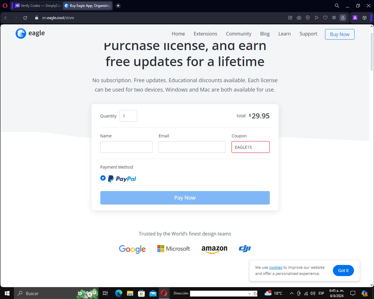 Eagle.cool checkout page showing Eagle.cool promo code box | Screenshot taken by SimplyCodes community member on Apr 4, 2024