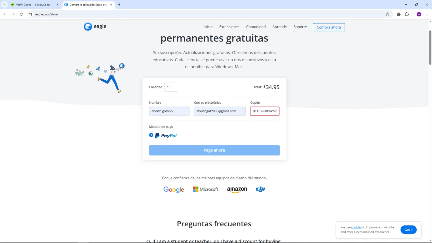 Eagle.cool promo code screenshot showing code BLACK-FRIDAY-2024 applied at Eagle.cool checkout page. Uploaded by SimplyCodes community member AVAMUSTANG on Mar 10, 2025