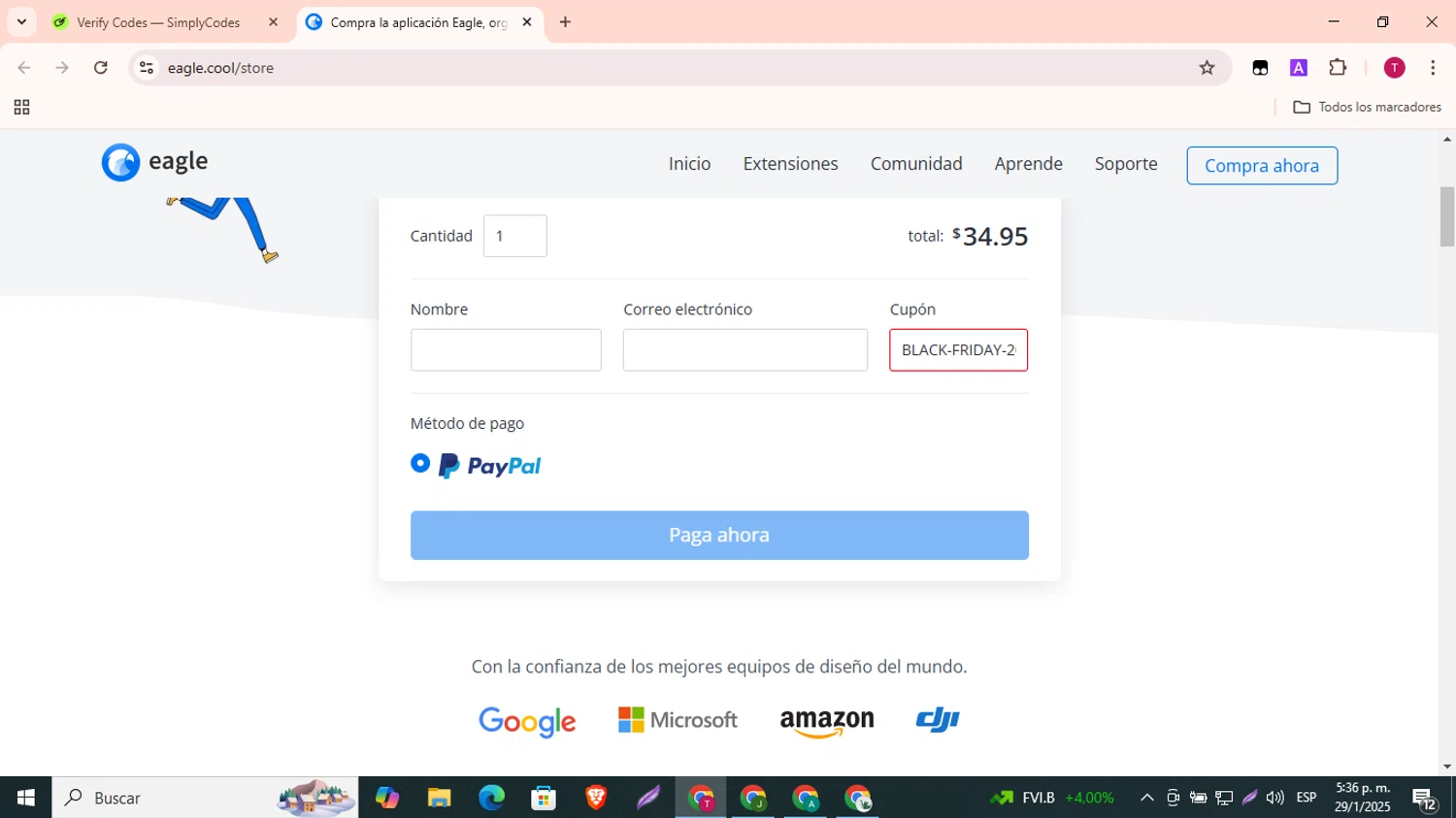 Eagle.cool checkout page showing Eagle.cool promo code box | Screenshot taken by SimplyCodes community member on Jan 29, 2025