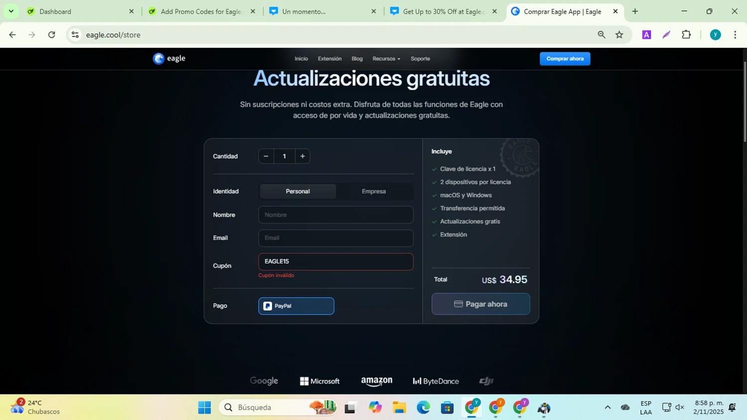 Eagle.cool promo code screenshot showing code EAGLE15 applied at Eagle.cool checkout page. Uploaded by SimplyCodes community member yadiracg074 on Nov 3, 2025